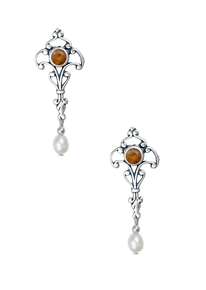 Sterling Silver Romantic Victorian Drop Dangle Earrings With Amber